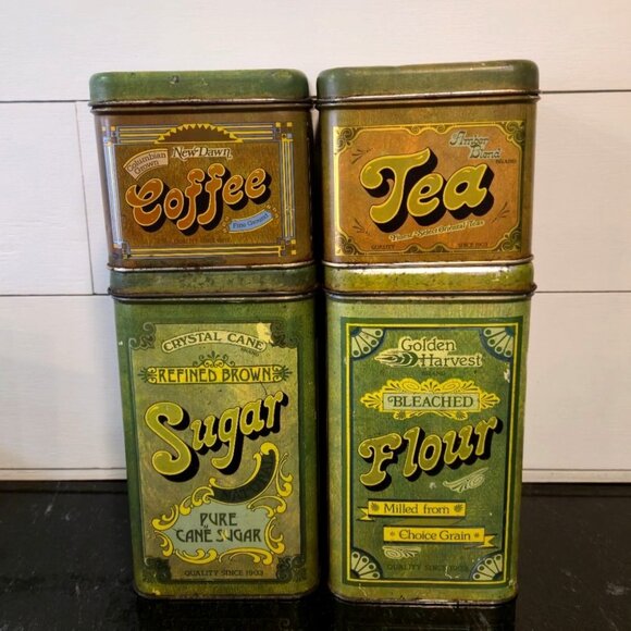 Retro Kitchen Tin Canister Set Coffee, Tea, Sugar & Flour Tins Vintage 1970s Sty - Picture 1 of 16